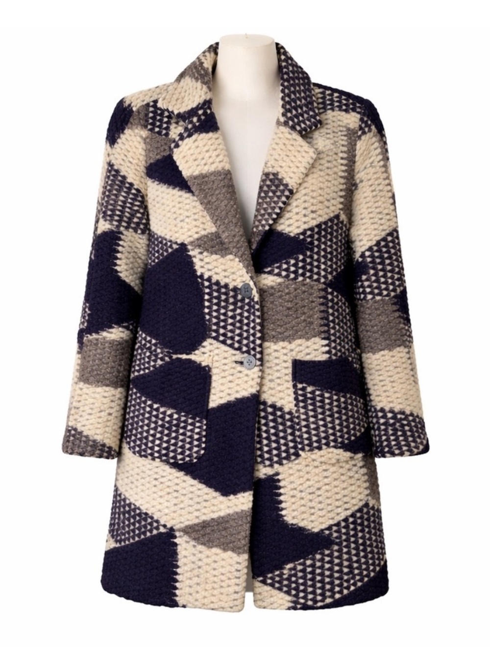 Size M (36) Sandwich Women’s Geometric Patchwork Wool Blend Coat Navy Cream Grey